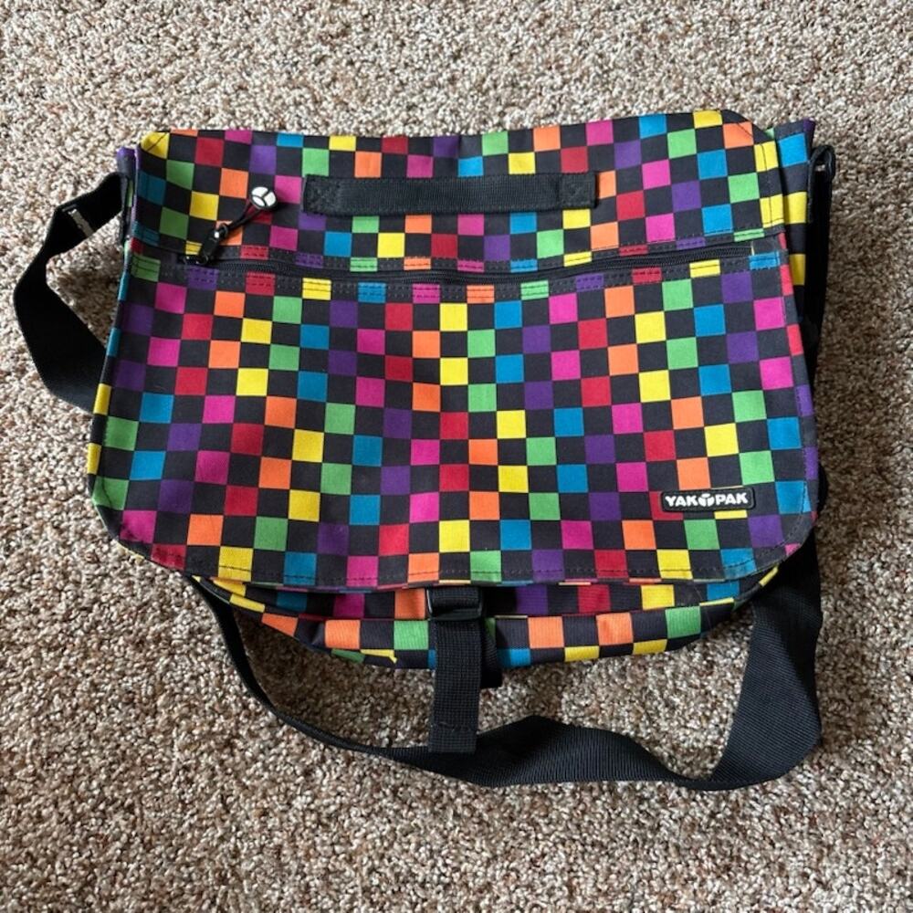 Yak Pak Courier Shoulder Bag Messenger Multi Checkerboard Flap Zip Pocket Logo